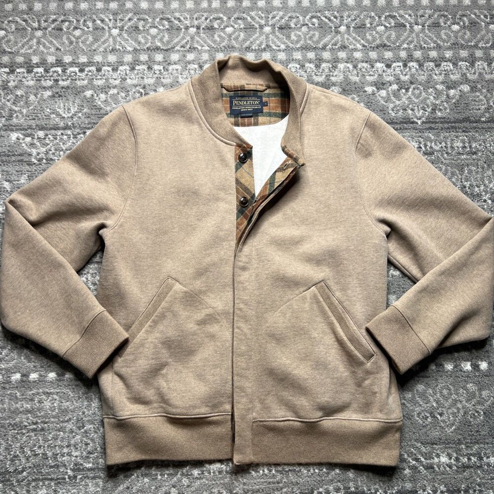 Pendleton Men’s Fleece Bomber Jacket Large Wool Plaid Trim Button Front Beige